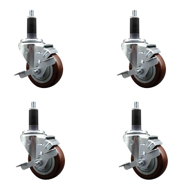 Service Caster 3.5'' Maroon Poly Swivel 1-1/8'' Expanding Stem Caster Set with Brake, 4PK SCC-EX20S3514-PPUB-MRN-TLB-118-4 - main